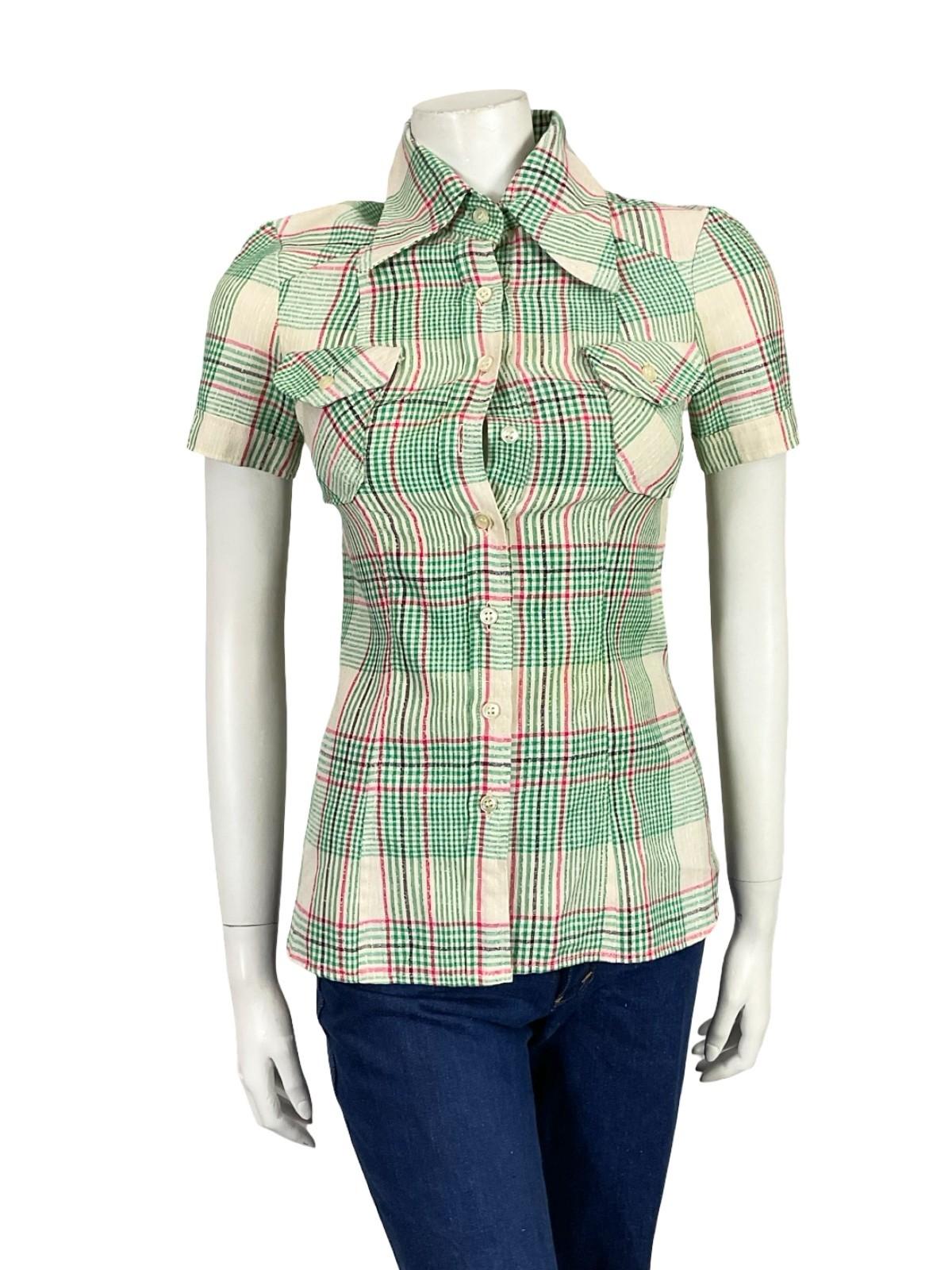 VTG 60S 70S GREEN PINK BEIGE BLACK MOD PLAID DAGGER COLLAR SHORT SLEEVE SHIRT 4