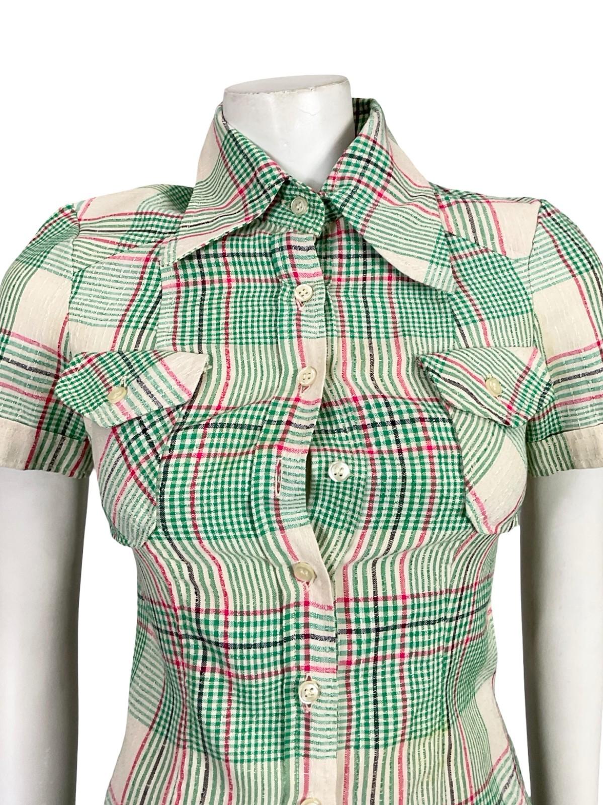 VTG 60S 70S GREEN PINK BEIGE BLACK MOD PLAID DAGGER COLLAR SHORT SLEEVE SHIRT 4