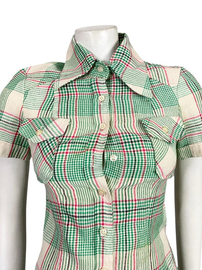 VTG 60S 70S GREEN PINK BEIGE BLACK MOD PLAID DAGGER COLLAR SHORT SLEEVE SHIRT 4