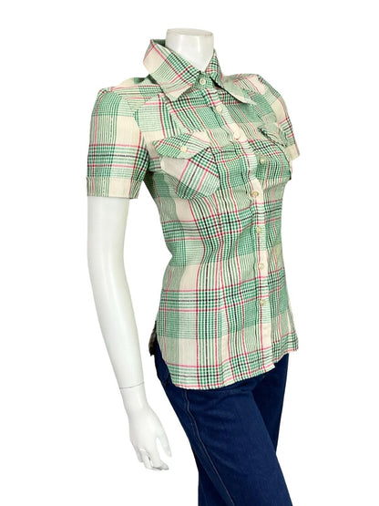 VTG 60S 70S GREEN PINK BEIGE BLACK MOD PLAID DAGGER COLLAR SHORT SLEEVE SHIRT 4