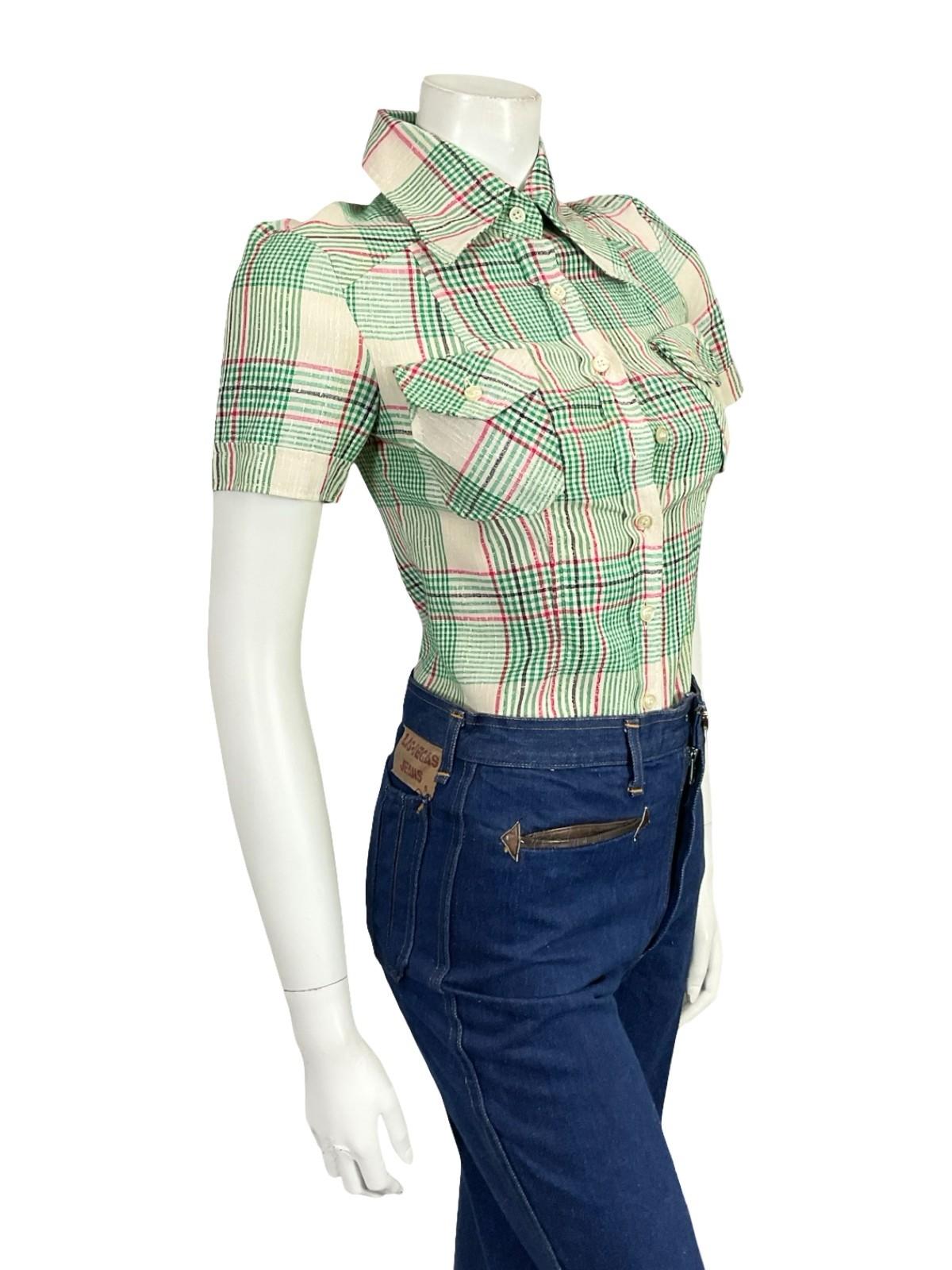 VTG 60S 70S GREEN PINK BEIGE BLACK MOD PLAID DAGGER COLLAR SHORT SLEEVE SHIRT 4