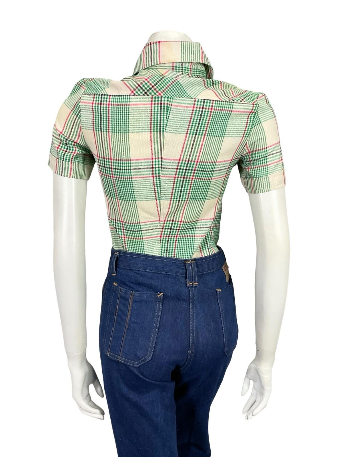 VTG 60S 70S GREEN PINK BEIGE BLACK MOD PLAID DAGGER COLLAR SHORT SLEEVE SHIRT 4