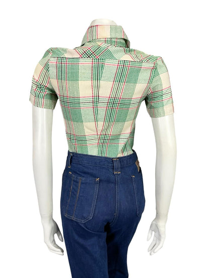 VTG 60S 70S GREEN PINK BEIGE BLACK MOD PLAID DAGGER COLLAR SHORT SLEEVE SHIRT 4