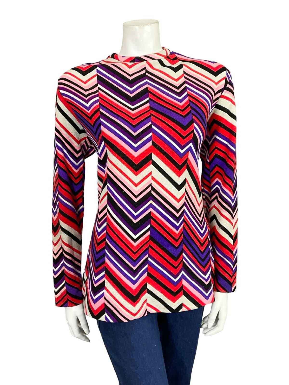 VTG 60S 70S WHITE RED PINK BLACK PURPLE GEOMETRIC MOD ZIG ZAG SHIFT BLOUSE 12 14