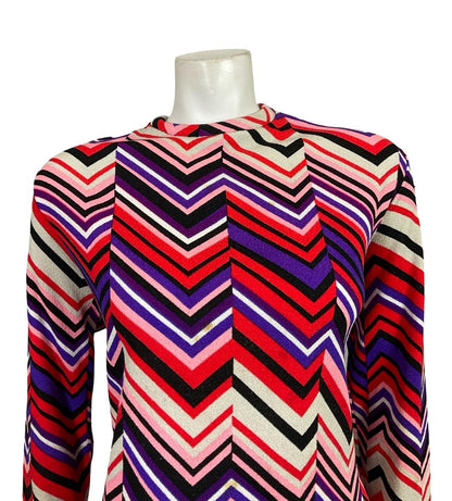 VTG 60S 70S WHITE RED PINK BLACK PURPLE GEOMETRIC MOD ZIG ZAG SHIFT BLOUSE 12 14