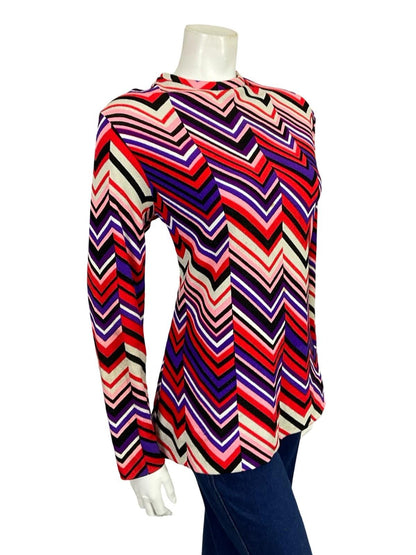 VTG 60S 70S WHITE RED PINK BLACK PURPLE GEOMETRIC MOD ZIG ZAG SHIFT BLOUSE 12 14