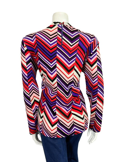VTG 60S 70S WHITE RED PINK BLACK PURPLE GEOMETRIC MOD ZIG ZAG SHIFT BLOUSE 12 14