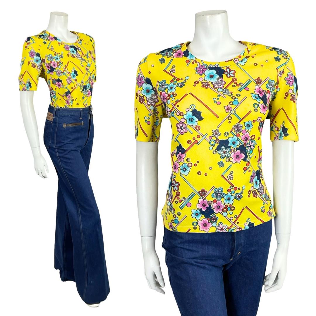 VTG 60S 70S YELLOW BLUE PINK RED FLORAL GEOMETRIC DAISY DOTTY T SHIRT 12