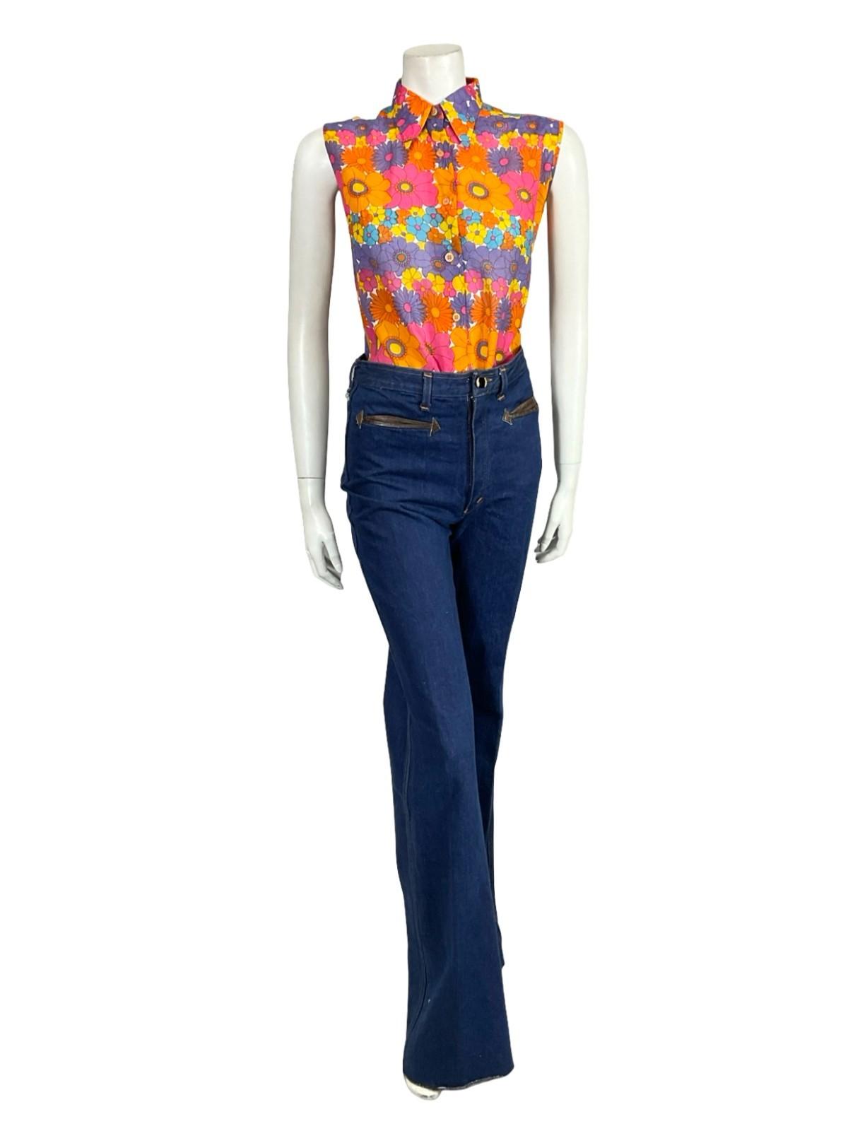 VTG 60S 70S MOD FORAL PINK ORANGE BLUE YELLOW PURPLE DAGGER SLEEVELESS SHIRT 12