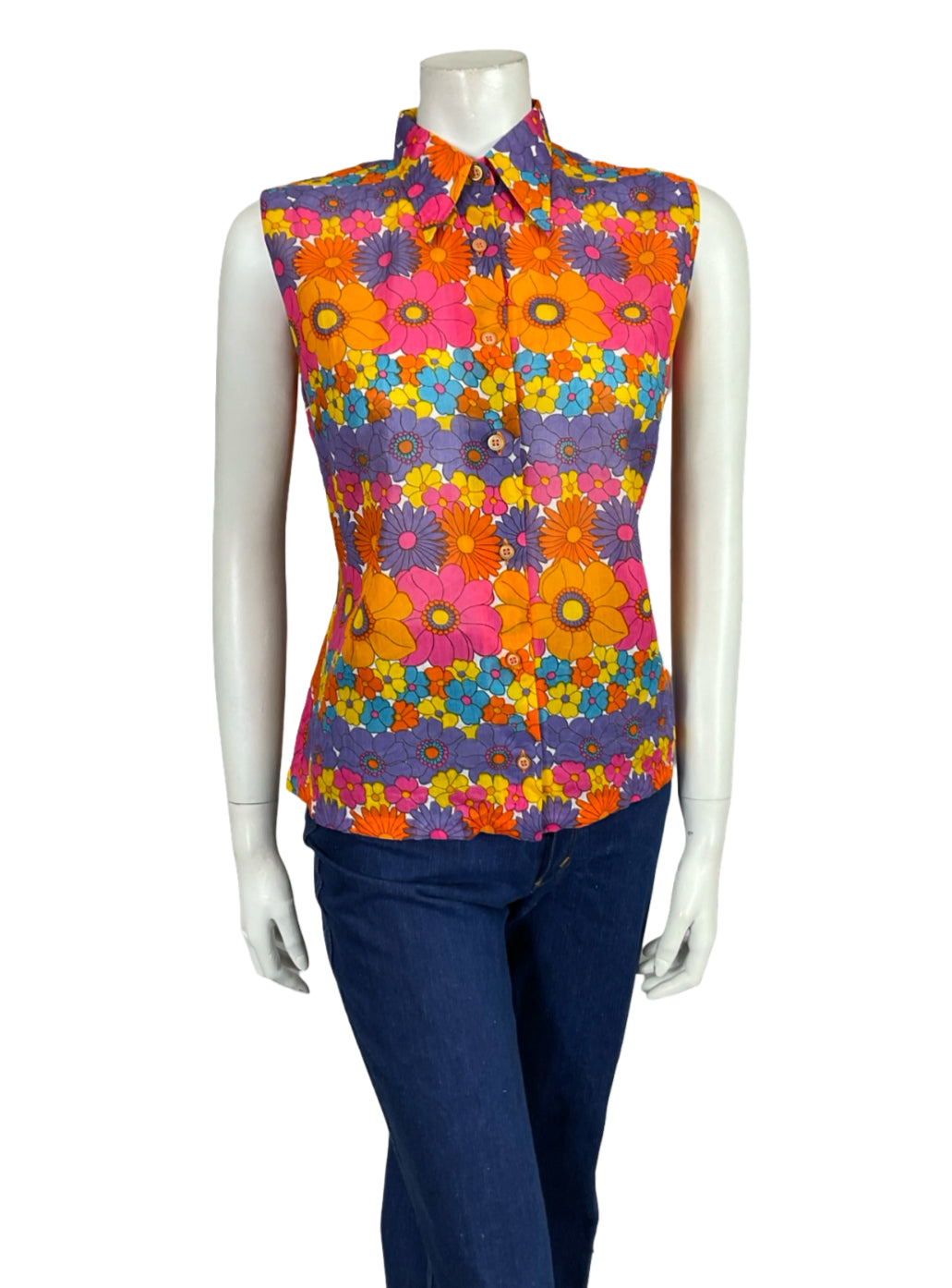 VTG 60S 70S MOD FORAL PINK ORANGE BLUE YELLOW PURPLE DAGGER SLEEVELESS SHIRT 12