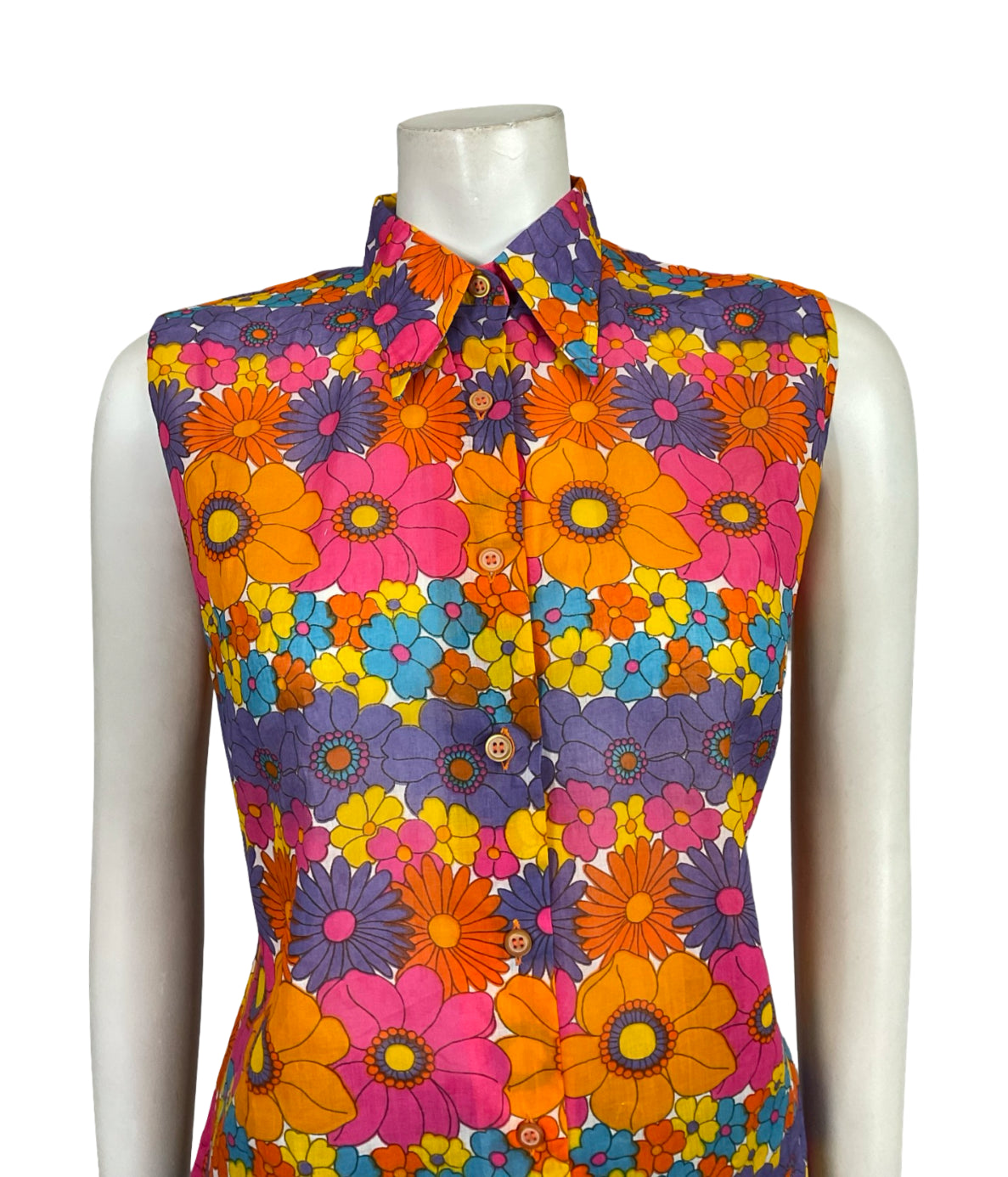 VTG 60S 70S MOD FORAL PINK ORANGE BLUE YELLOW PURPLE DAGGER SLEEVELESS SHIRT 12