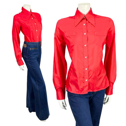 VTG 60S 70S LADY VAN LAACK BRIGHT RED MOD MONOCHROME DAGGER COLLAR SHIRT 16 18 L