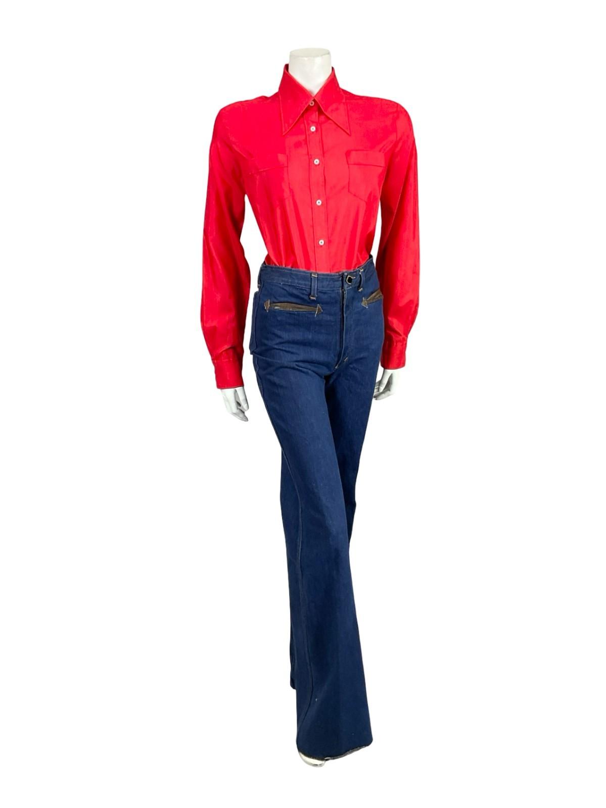 VTG 60S 70S LADY VAN LAACK BRIGHT RED MOD MONOCHROME DAGGER COLLAR SHIRT 16 18 L