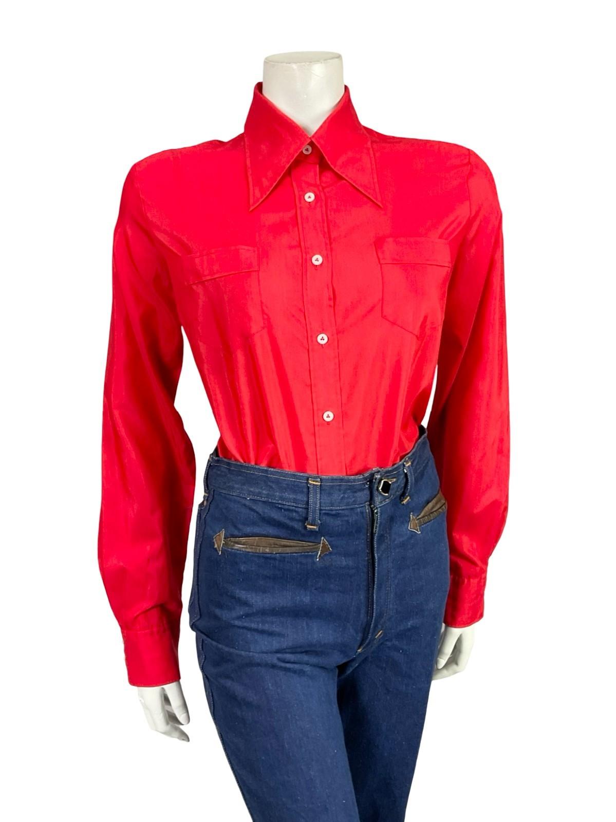 VTG 60S 70S LADY VAN LAACK BRIGHT RED MOD MONOCHROME DAGGER COLLAR SHIRT 16 18 L