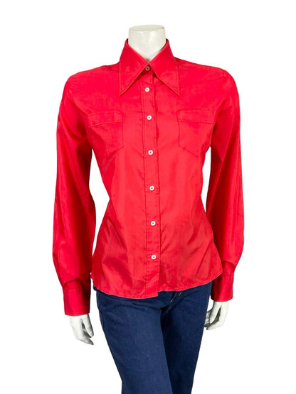 VTG 60S 70S LADY VAN LAACK BRIGHT RED MOD MONOCHROME DAGGER COLLAR SHIRT 16 18 L