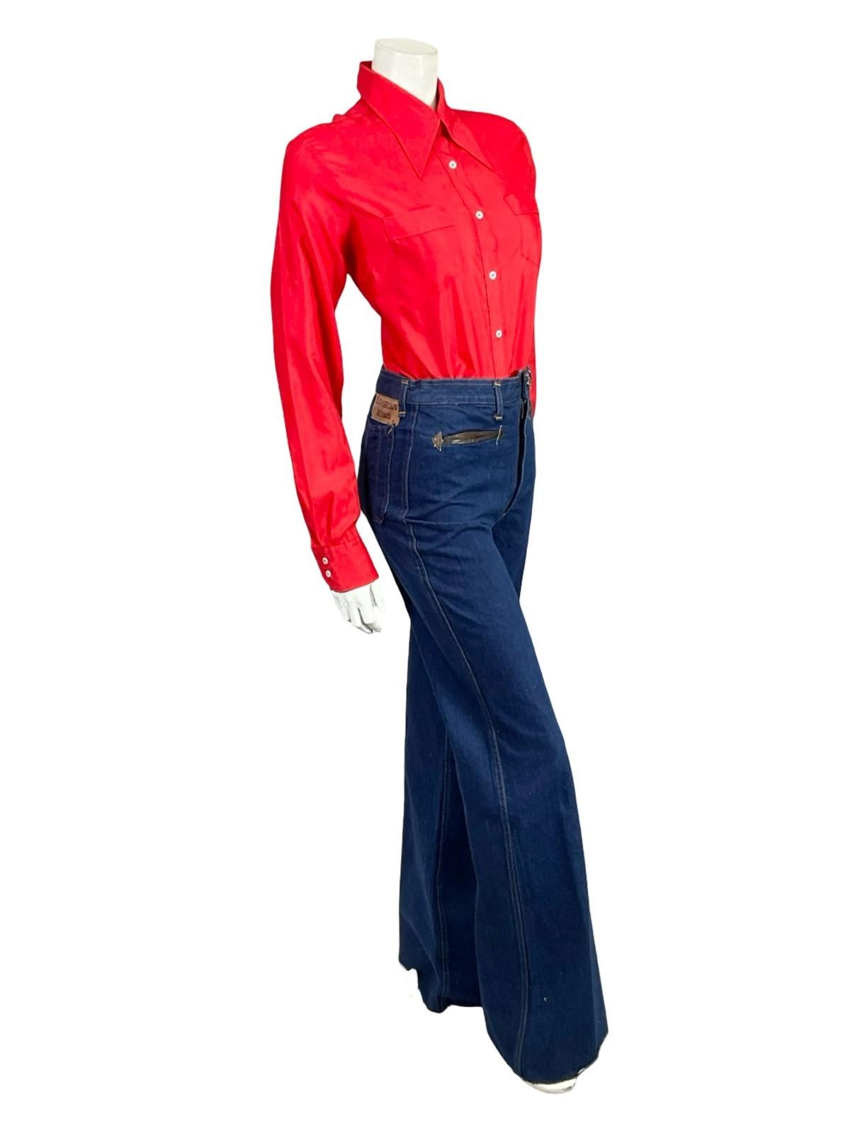 VTG 60S 70S LADY VAN LAACK BRIGHT RED MOD MONOCHROME DAGGER COLLAR SHIRT 16 18 L