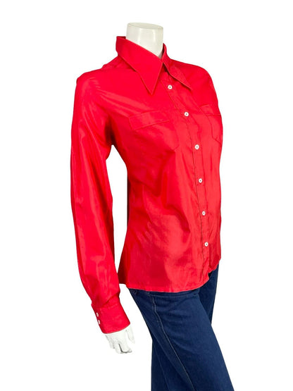 VTG 60S 70S LADY VAN LAACK BRIGHT RED MOD MONOCHROME DAGGER COLLAR SHIRT 16 18 L