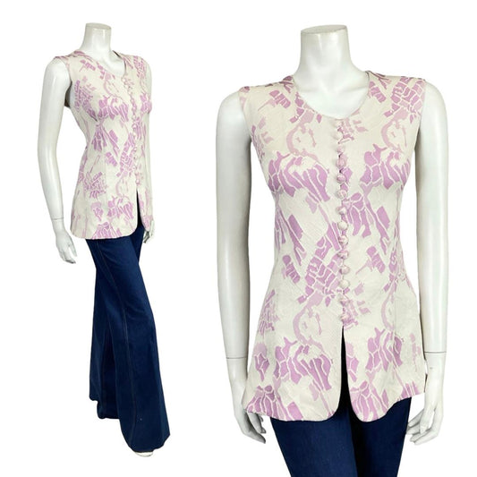 VTG 60S 70S PURPLE WHITE ABSTRACT PSYCHEDELIC SCOOP NECK SLEEVELESS TOP 12