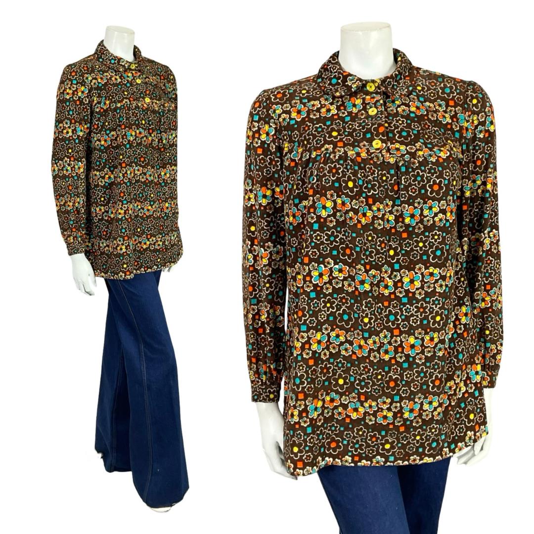 Vintage 60 70s brown blue and orange flower power smock shirt Shrinking Violets Vintage 