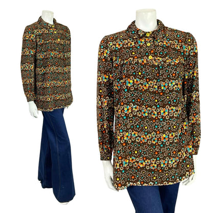 Vintage 60 70s brown blue and orange flower power smock shirt Shrinking Violets Vintage 