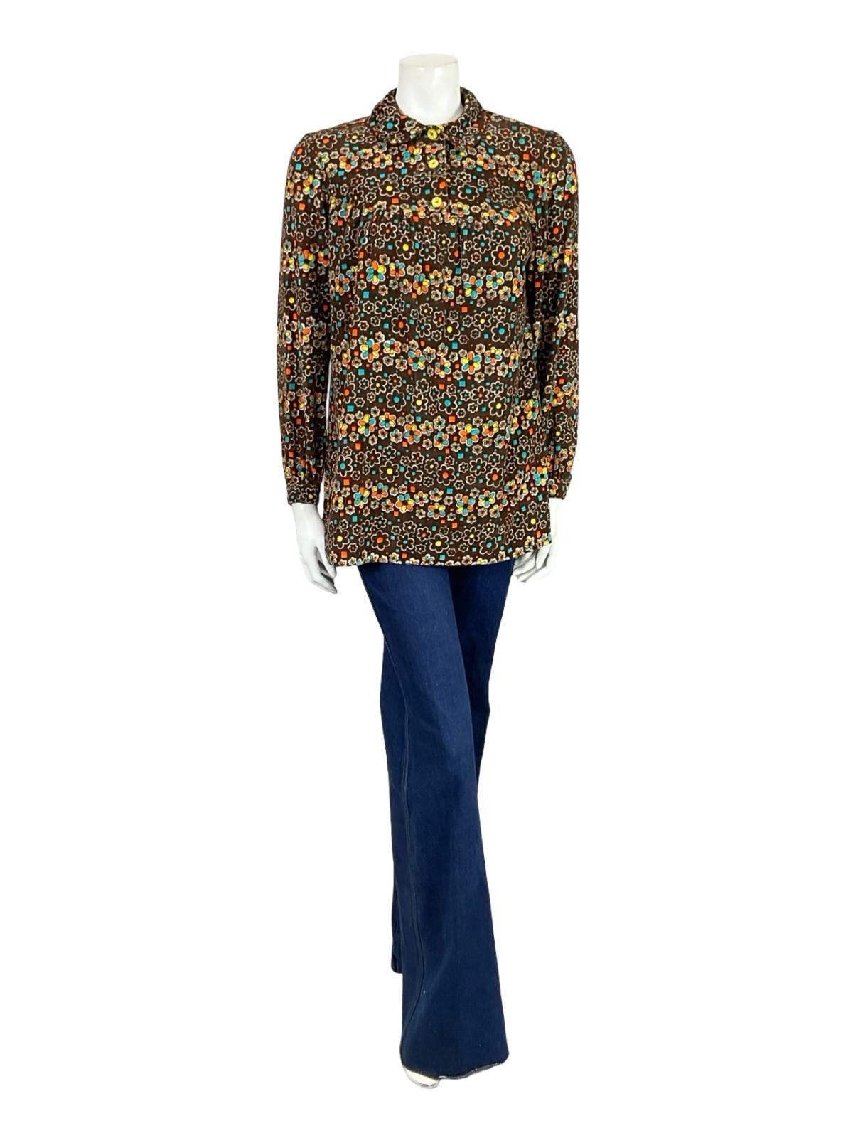 VTG 60S 70S BROWN BLUE ORANGE YELLOW WHITE PETER PAN DAISY FLORAL SMOCK SHIRT 12