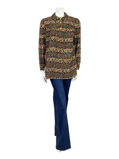 VTG 60S 70S BROWN BLUE ORANGE YELLOW WHITE PETER PAN DAISY FLORAL SMOCK SHIRT 12