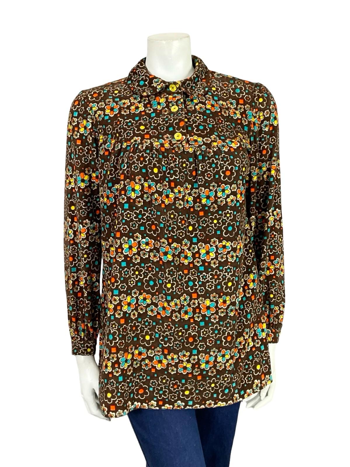 VTG 60S 70S BROWN BLUE ORANGE YELLOW WHITE PETER PAN DAISY FLORAL SMOCK SHIRT 12