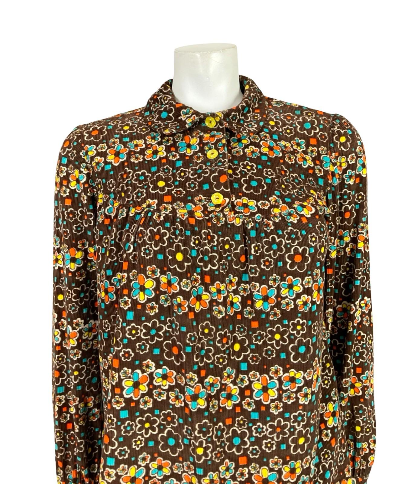 VTG 60S 70S BROWN BLUE ORANGE YELLOW WHITE PETER PAN DAISY FLORAL SMOCK SHIRT 12