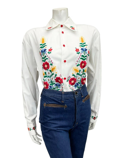 VTG 60S 70S WHITE RED BLUE YELLOW FOLK FLORAL WHEAT DAISY EMBROIDERY SHIRT 16 18