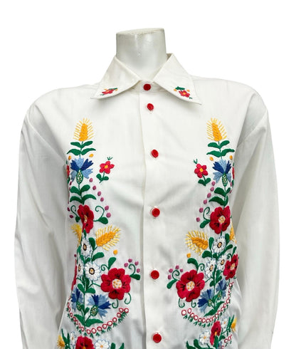 VTG 60S 70S WHITE RED BLUE YELLOW FOLK FLORAL WHEAT DAISY EMBROIDERY SHIRT 16 18