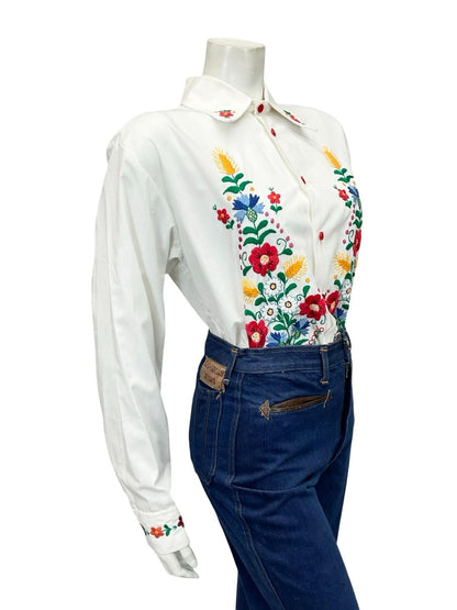VTG 60S 70S WHITE RED BLUE YELLOW FOLK FLORAL WHEAT DAISY EMBROIDERY SHIRT 16 18