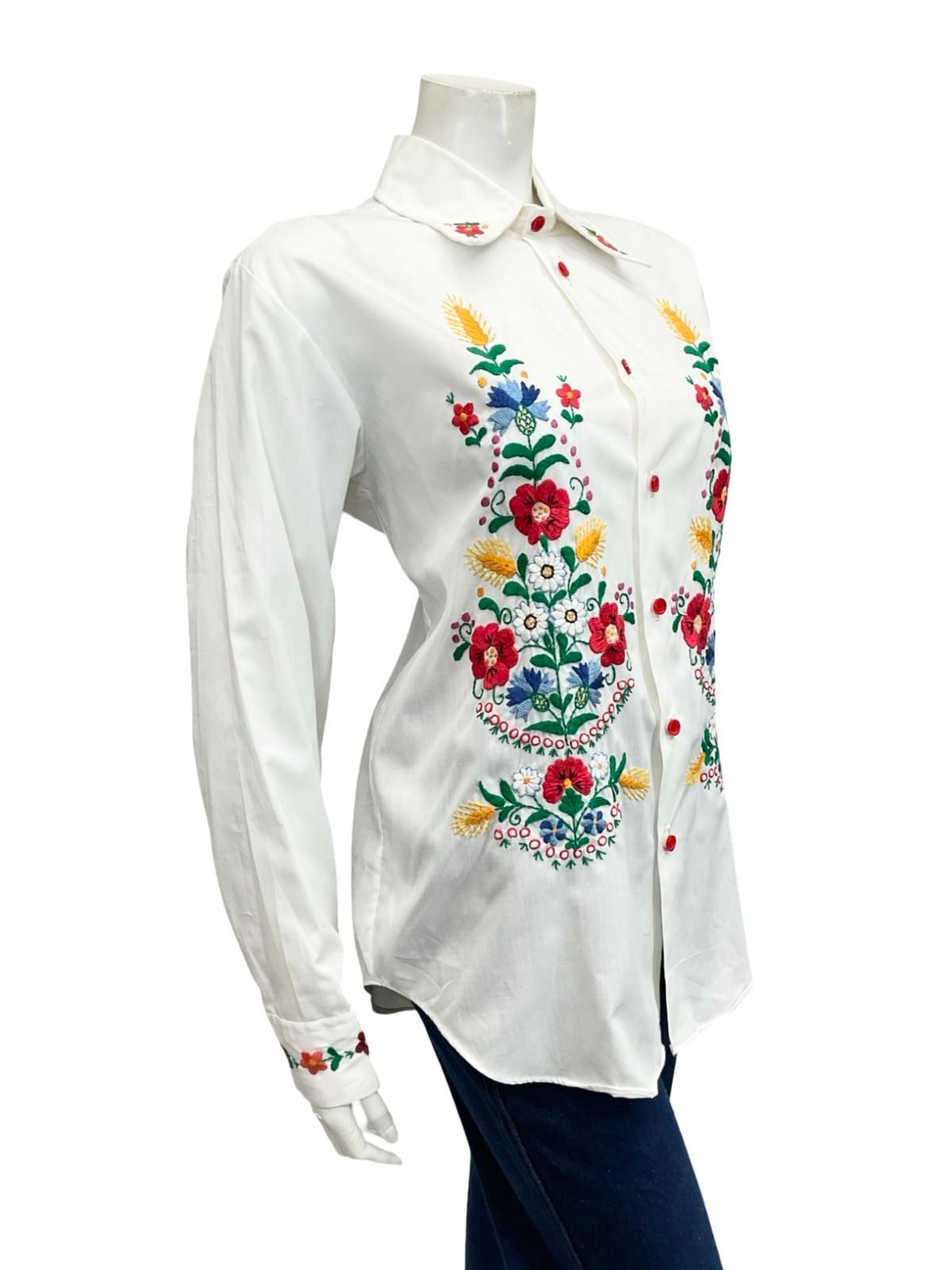 VTG 60S 70S WHITE RED BLUE YELLOW FOLK FLORAL WHEAT DAISY EMBROIDERY SHIRT 16 18