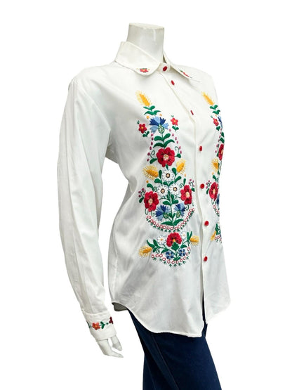 VTG 60S 70S WHITE RED BLUE YELLOW FOLK FLORAL WHEAT DAISY EMBROIDERY SHIRT 16 18