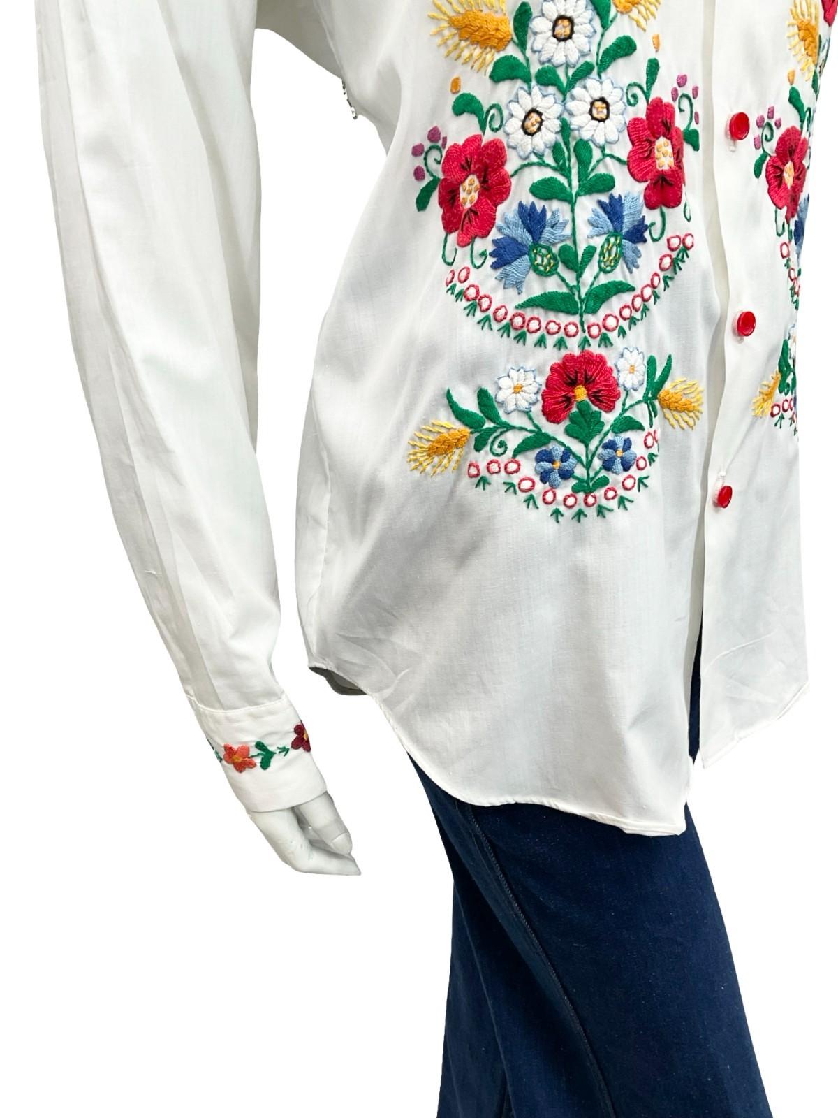 VTG 60S 70S WHITE RED BLUE YELLOW FOLK FLORAL WHEAT DAISY EMBROIDERY SHIRT 16 18