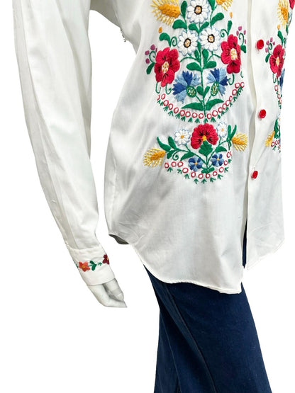 VTG 60S 70S WHITE RED BLUE YELLOW FOLK FLORAL WHEAT DAISY EMBROIDERY SHIRT 16 18
