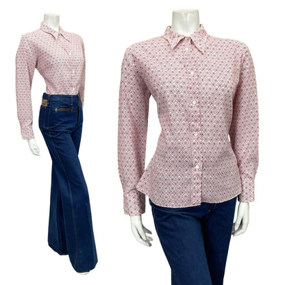 Mannequin wears a 60s 70s red and white mandala tile print dagger collar shirt shrinking violets vintage 