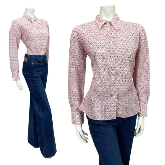 Mannequin wears a 60s 70s red and white mandala tile print dagger collar shirt shrinking violets vintage 