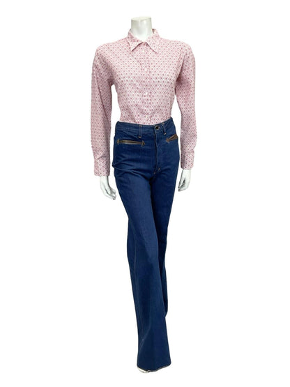 VTG 60S 70S WHITE RED GEOMETRIC FLORAL TILE PRINT MOD DAGGER SHIRT 14