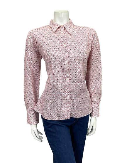 VTG 60S 70S WHITE RED GEOMETRIC FLORAL TILE PRINT MOD DAGGER SHIRT 14