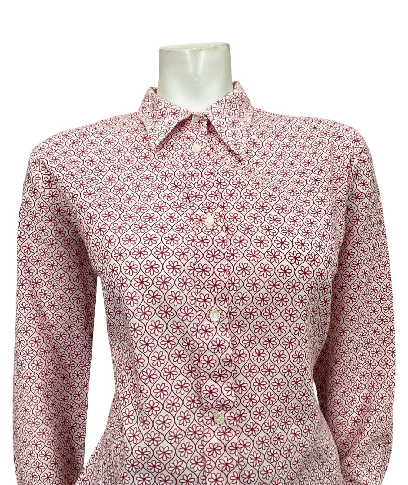 VTG 60S 70S WHITE RED GEOMETRIC FLORAL TILE PRINT MOD DAGGER SHIRT 14