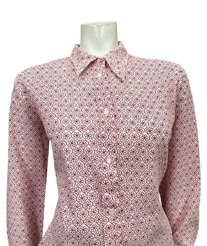 VTG 60S 70S WHITE RED GEOMETRIC FLORAL TILE PRINT MOD DAGGER SHIRT 14