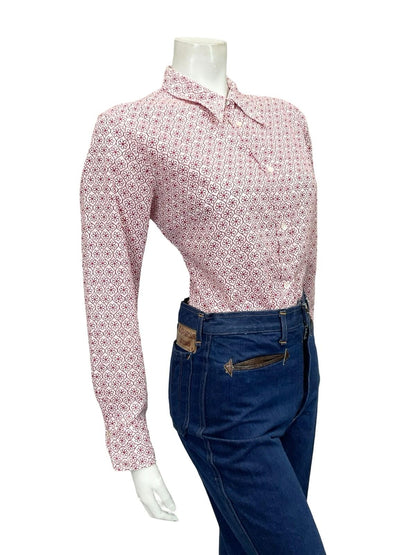 VTG 60S 70S WHITE RED GEOMETRIC FLORAL TILE PRINT MOD DAGGER SHIRT 14