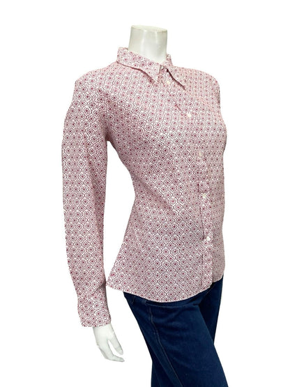 VTG 60S 70S WHITE RED GEOMETRIC FLORAL TILE PRINT MOD DAGGER SHIRT 14