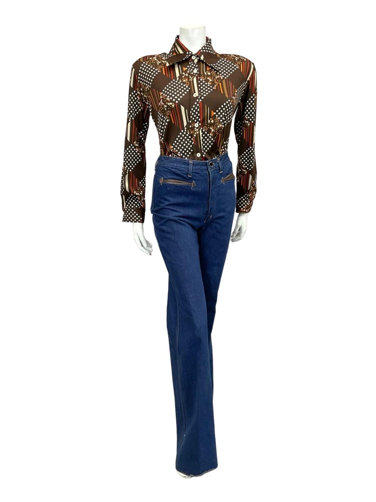 VTG 60S 70S BROWN WHITE RED ORANGE GEOMETRIC POLKA DOT STRIPE DAGGER SHIRT 16