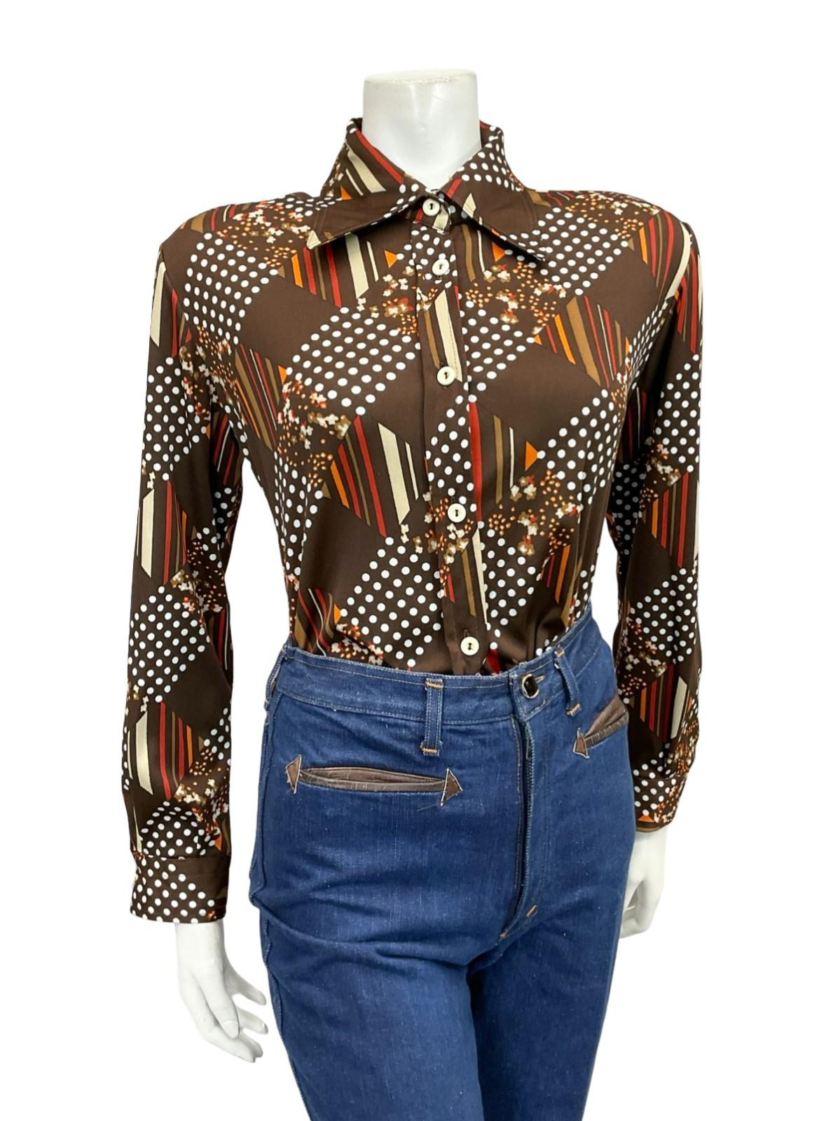 VTG 60S 70S BROWN WHITE RED ORANGE GEOMETRIC POLKA DOT STRIPE DAGGER SHIRT 16
