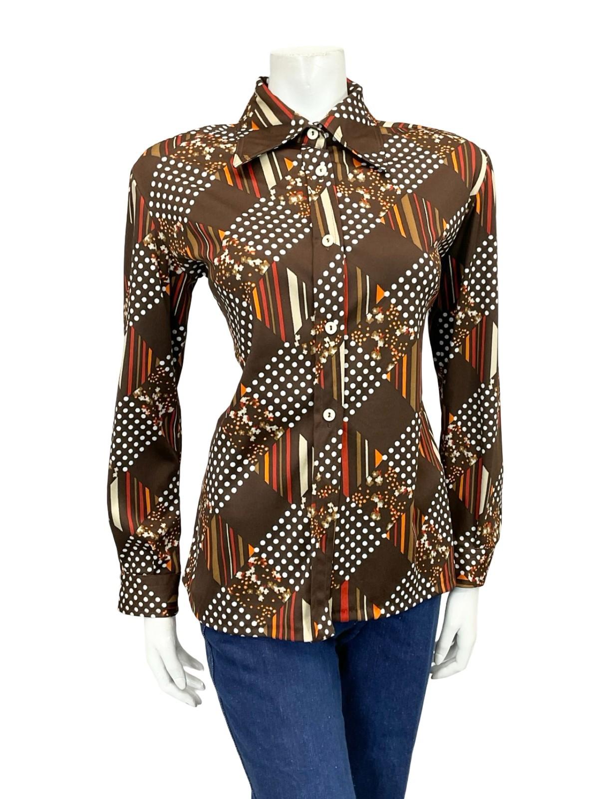 VTG 60S 70S BROWN WHITE RED ORANGE GEOMETRIC POLKA DOT STRIPE DAGGER SHIRT 16