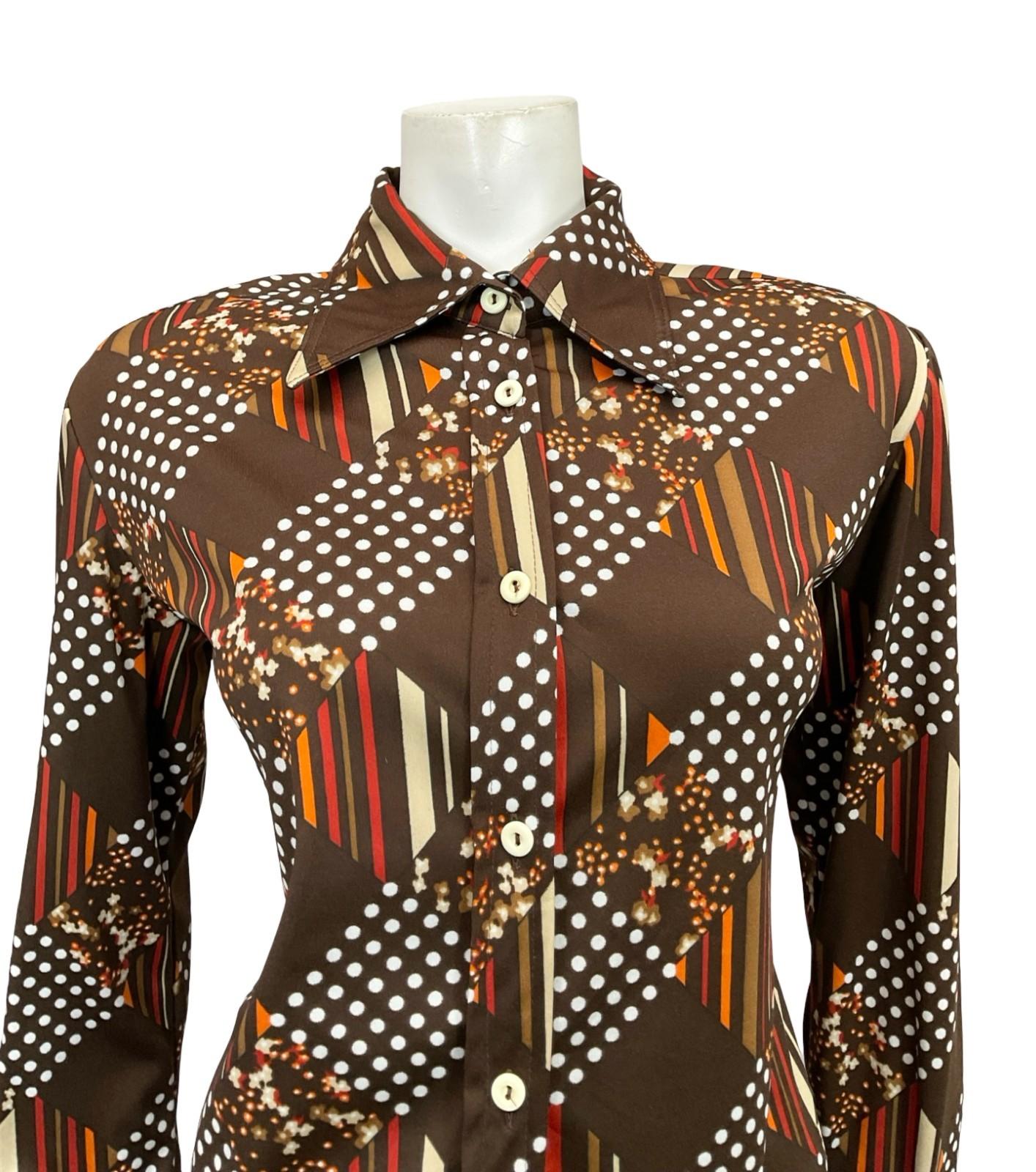 VTG 60S 70S BROWN WHITE RED ORANGE GEOMETRIC POLKA DOT STRIPE DAGGER SHIRT 16