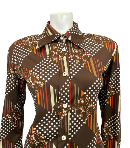 VTG 60S 70S BROWN WHITE RED ORANGE GEOMETRIC POLKA DOT STRIPE DAGGER SHIRT 16
