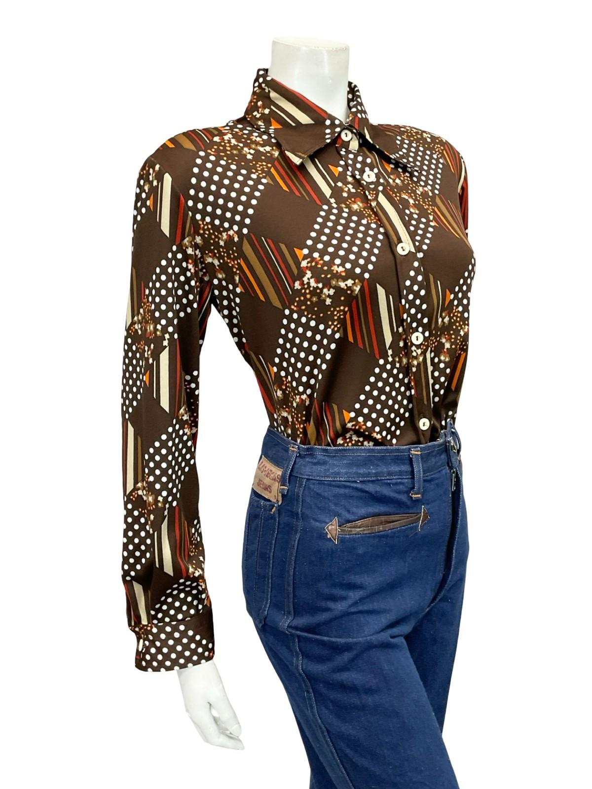 VTG 60S 70S BROWN WHITE RED ORANGE GEOMETRIC POLKA DOT STRIPE DAGGER SHIRT 16