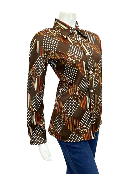 VTG 60S 70S BROWN WHITE RED ORANGE GEOMETRIC POLKA DOT STRIPE DAGGER SHIRT 16